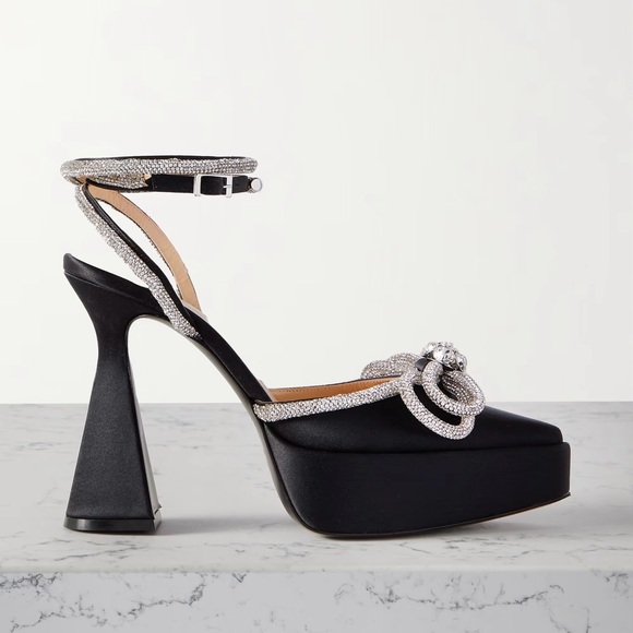 NWT MACH & MACH Double Bow Crystal Embellished Satin Platform Pumps in Black